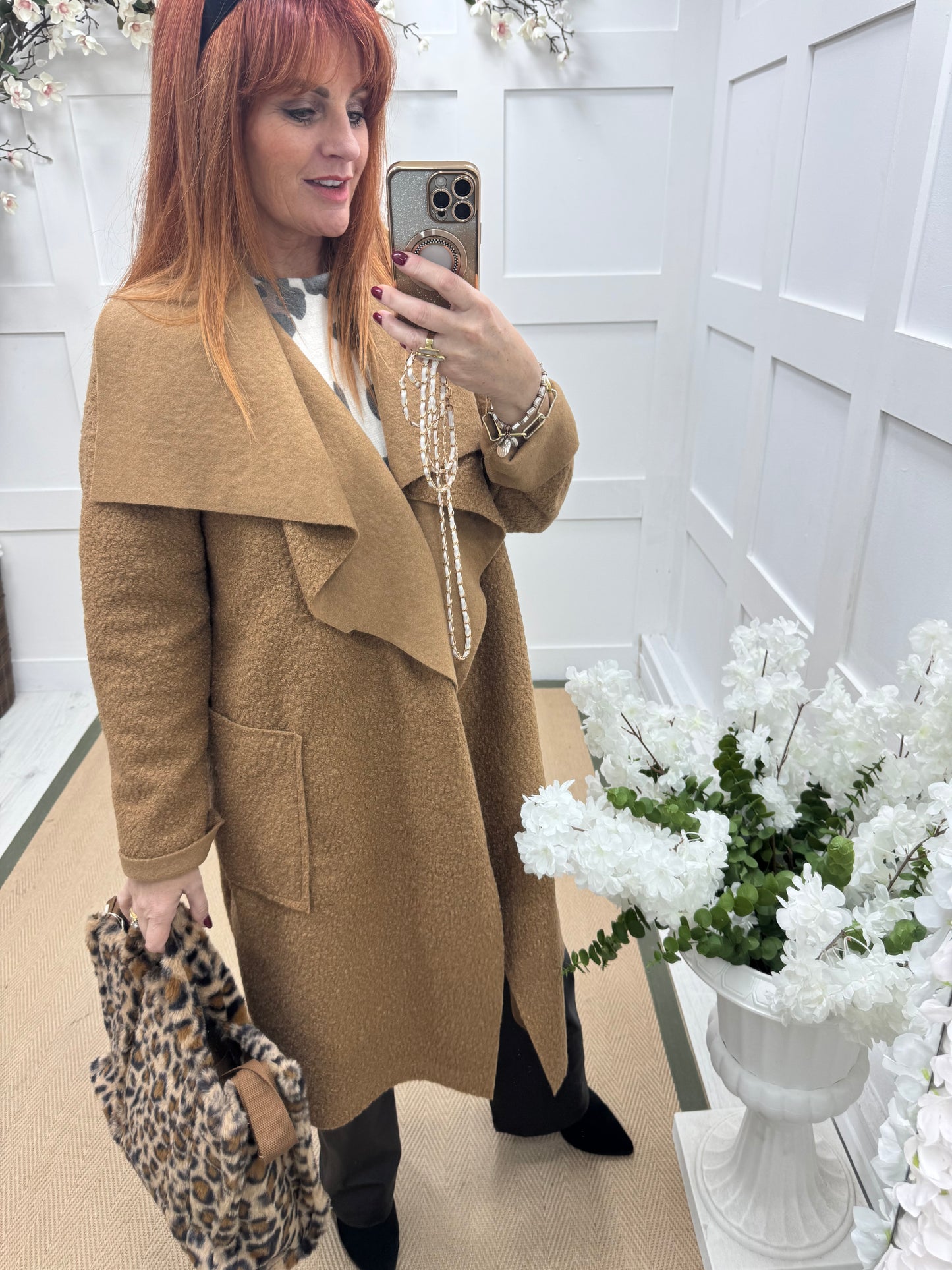 Kathie: Camel boucle coat with pockets. One size 12-18