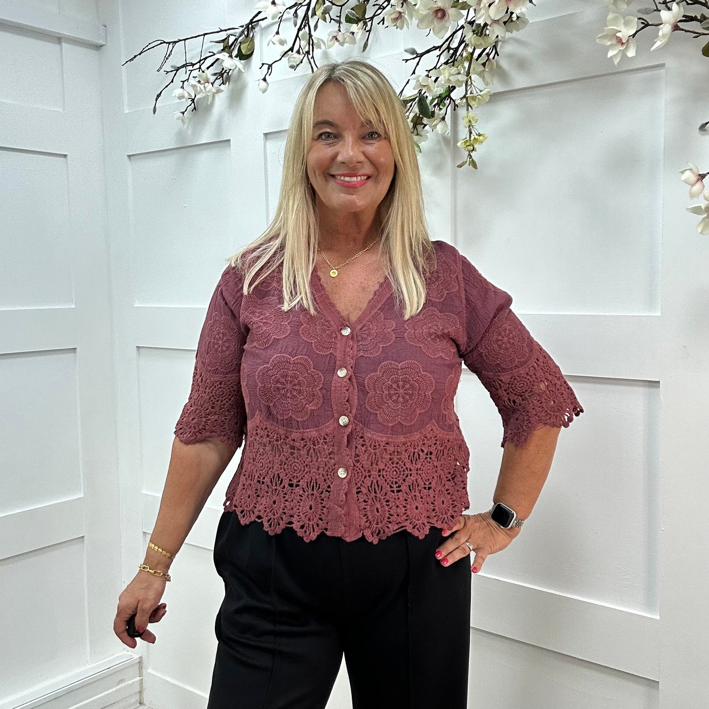 Effie: Burgundy embroidered cardigan top. One size: 12-18
