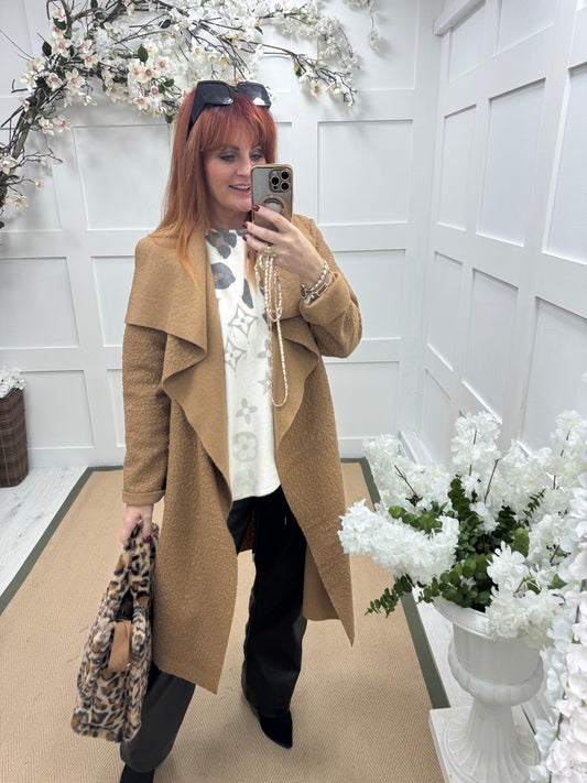Kathie: Camel boucle coat with pockets. One size 12-18