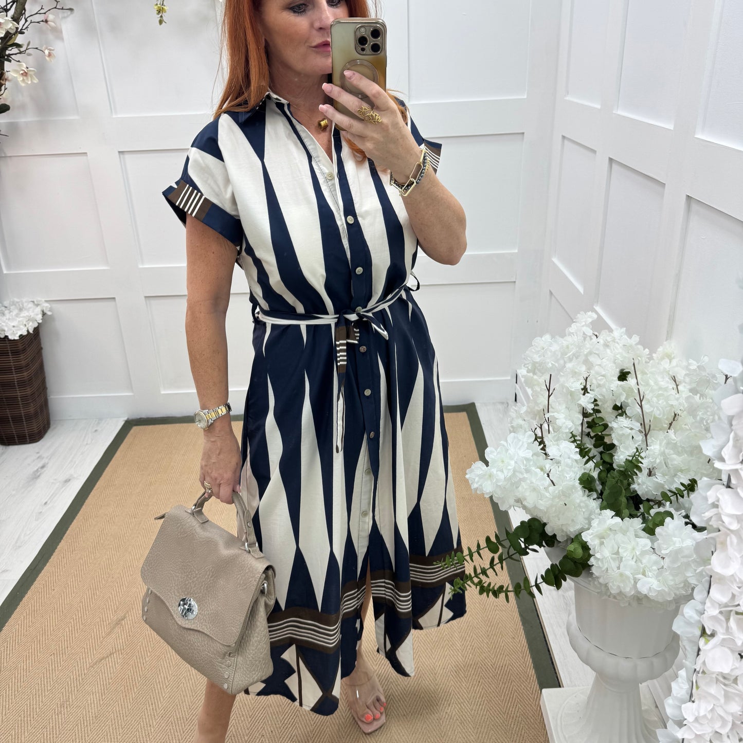 Odessa: Navy blue diamond print shirt dress. One size 12-16