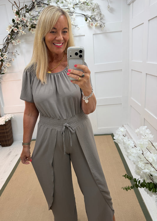 Juniper: Bardot wide leg jumpsuit with shirred waist. One size: 12-16. 3 colours