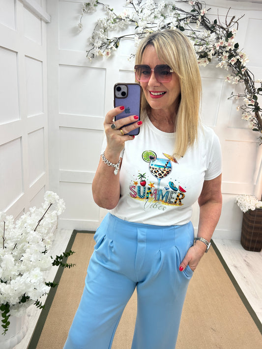 Vanessa: Diamanté “summer vibes” T shirt. 2 sizes