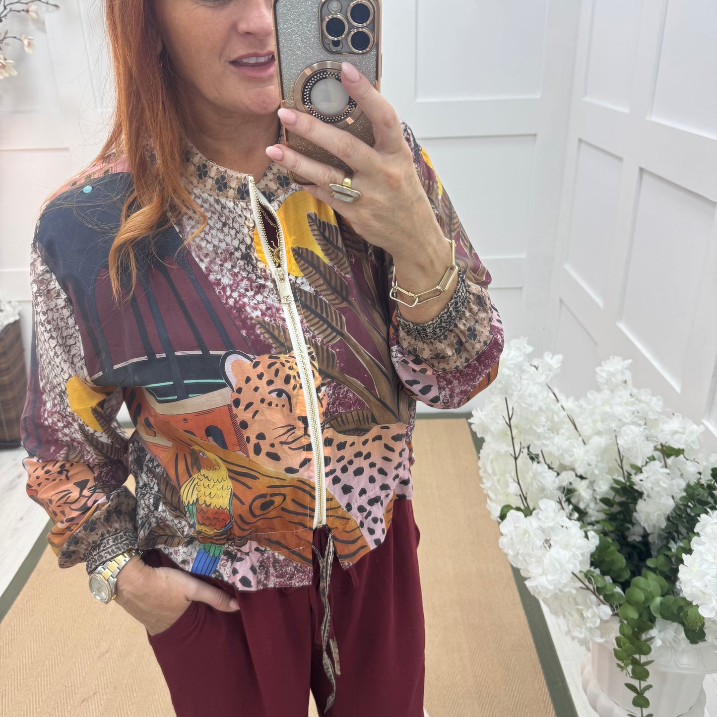 Amelia: Silky burgundy printed bomber jacket. One size: 8-16