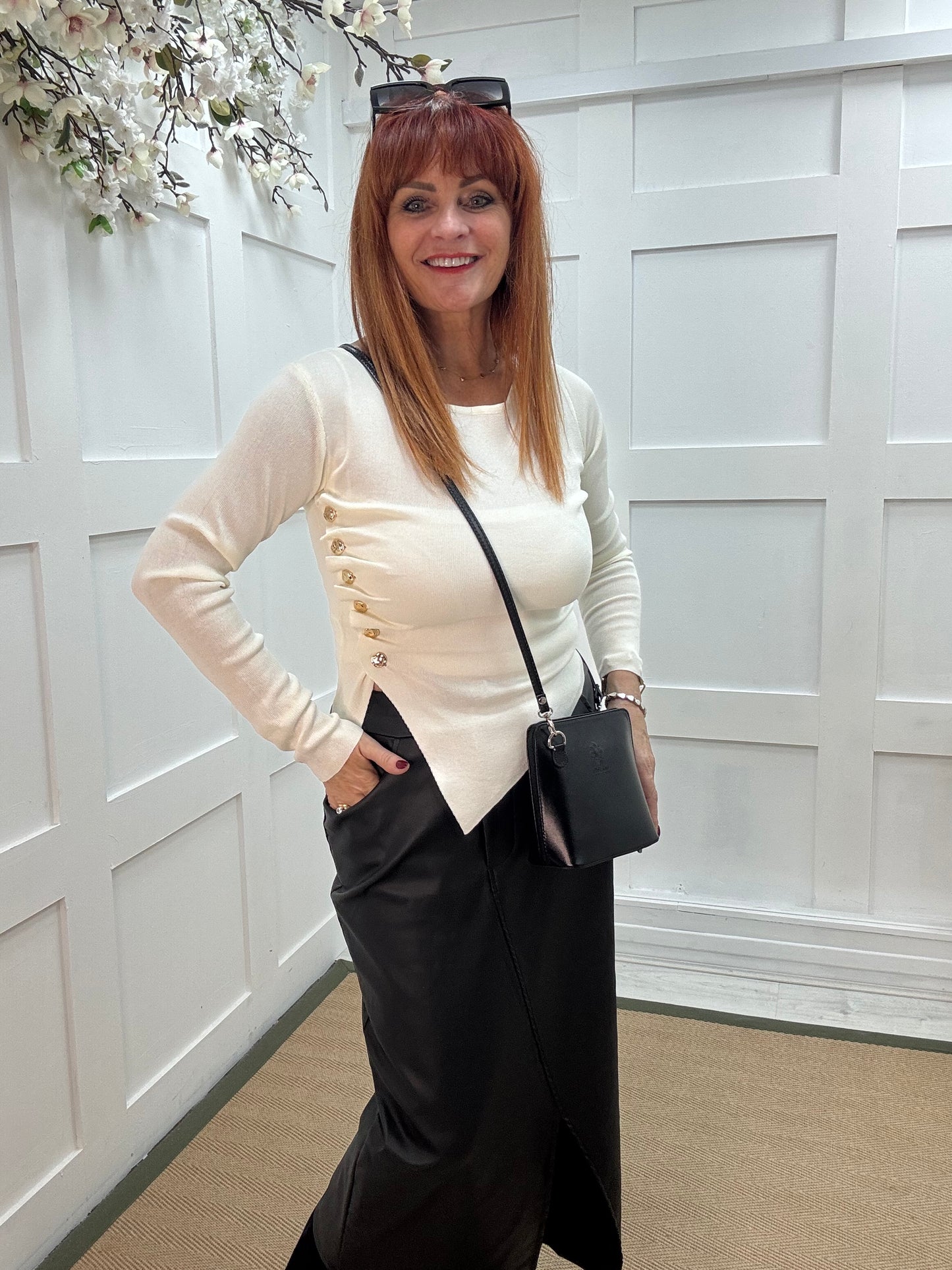 Audra: Winter white ruched gold button top. 2 sizes