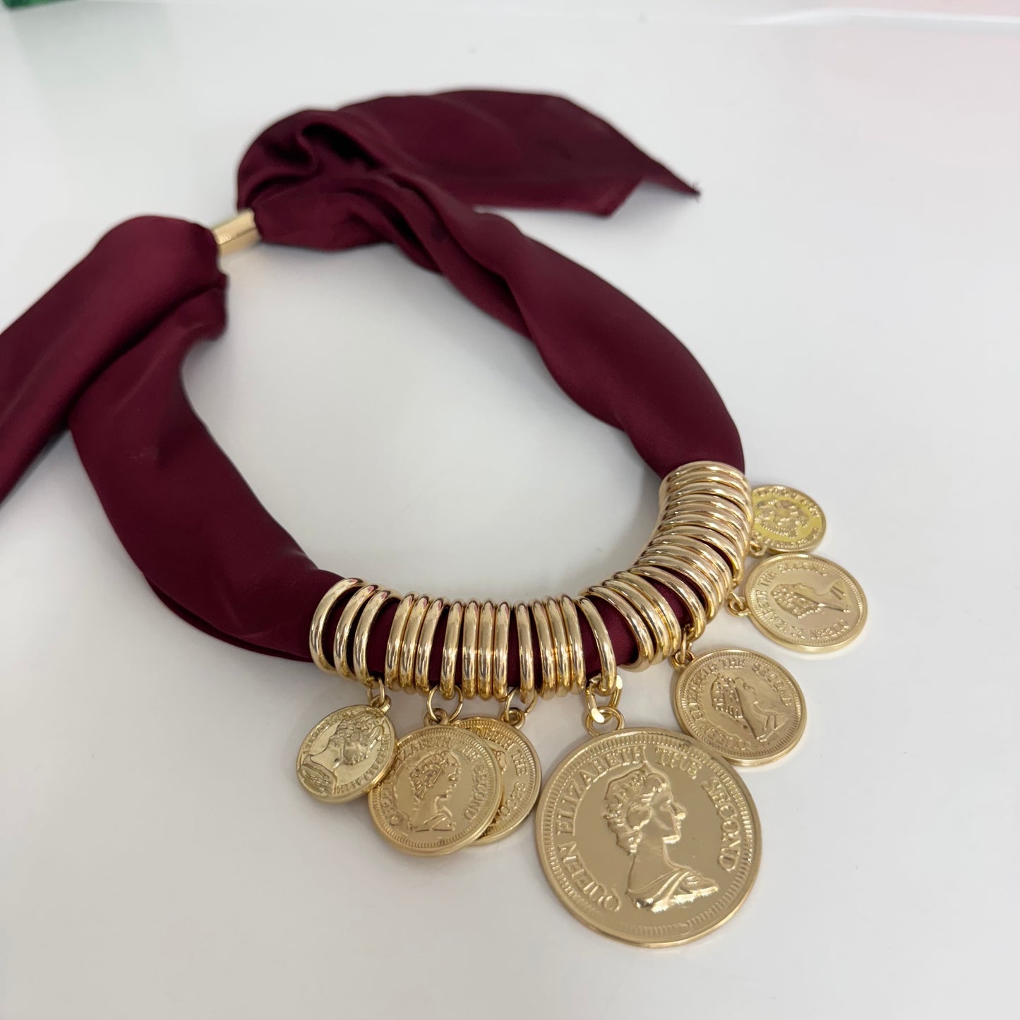 Petra: Burgundy & gold coin scarf statement necklace