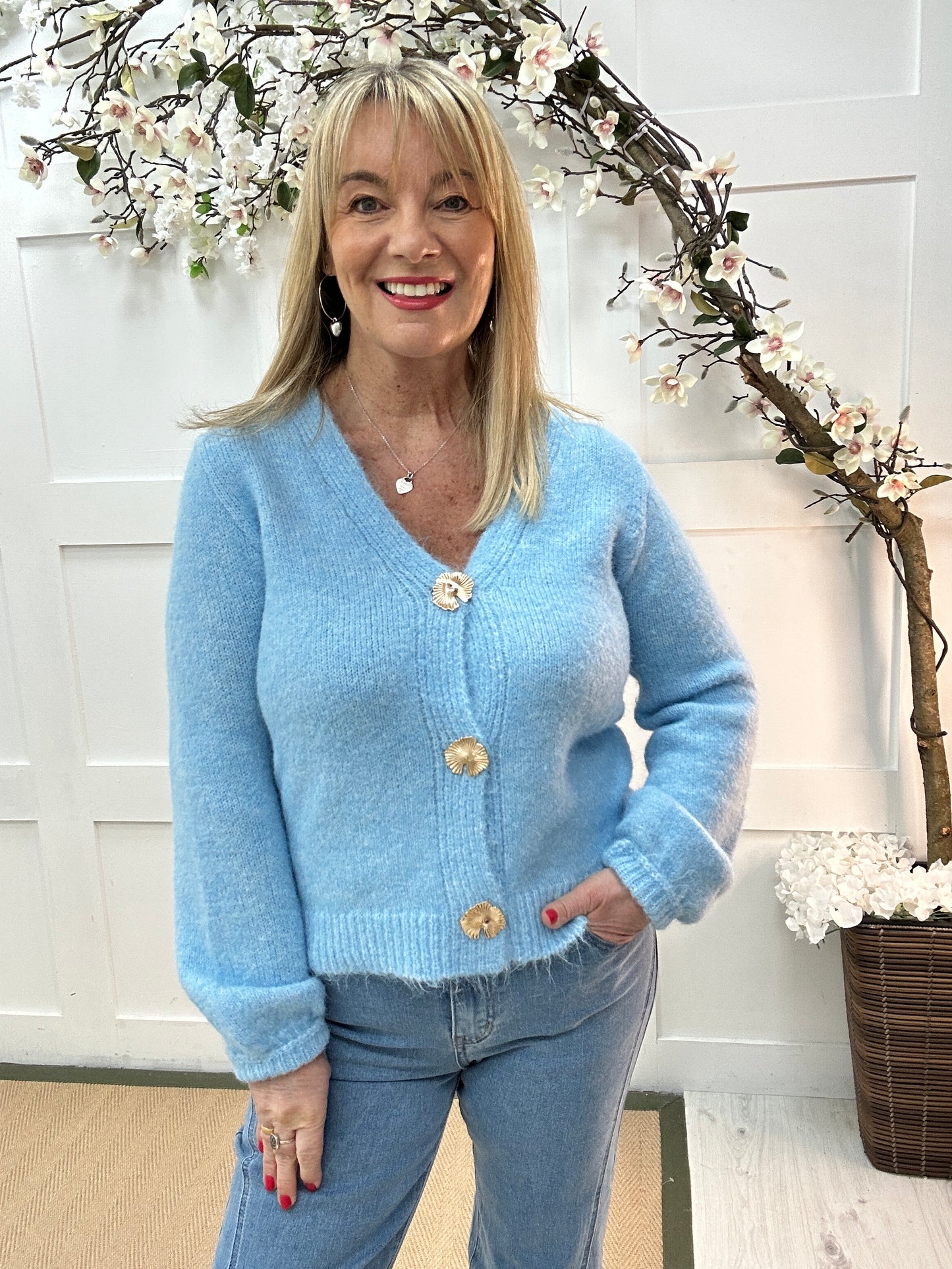 Cassie: Blue V neck gold shell buttoned knit cardigan. 2 sizes.