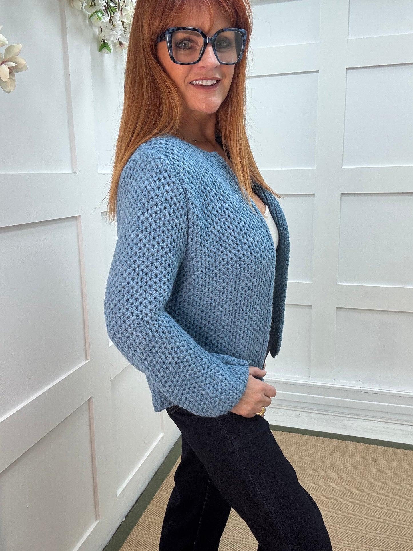Skye: Blue knitted boxcut cardigan. One size: 10-18