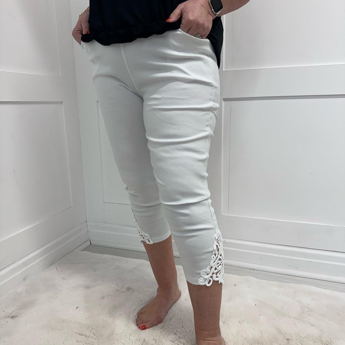 Chelsea: Stretchy lace hem capri pants. Sizes 12-22