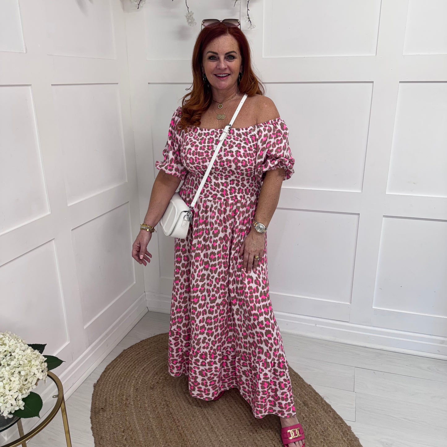 Cici: Neon pink leopard print stretchy maxi dress. One size: 10-22