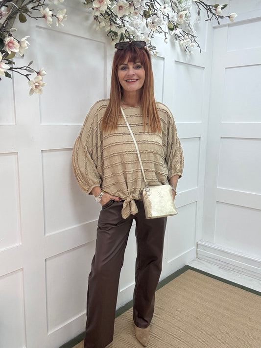 Dorita: Sand ruffle & tie top. One size 12-16