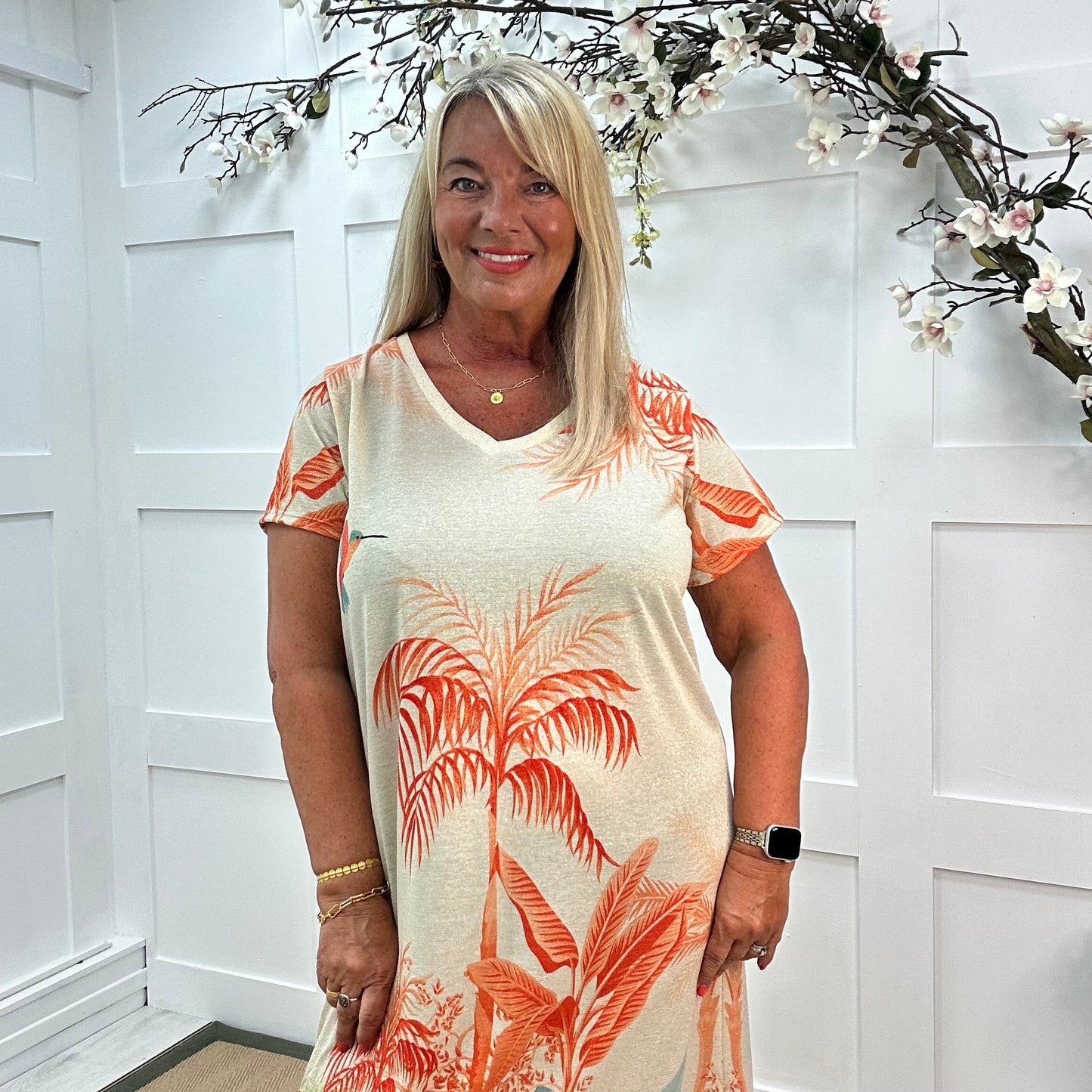 Eleanor: Orange tropical palm fine knit midi dress. One Size: 14-18/20