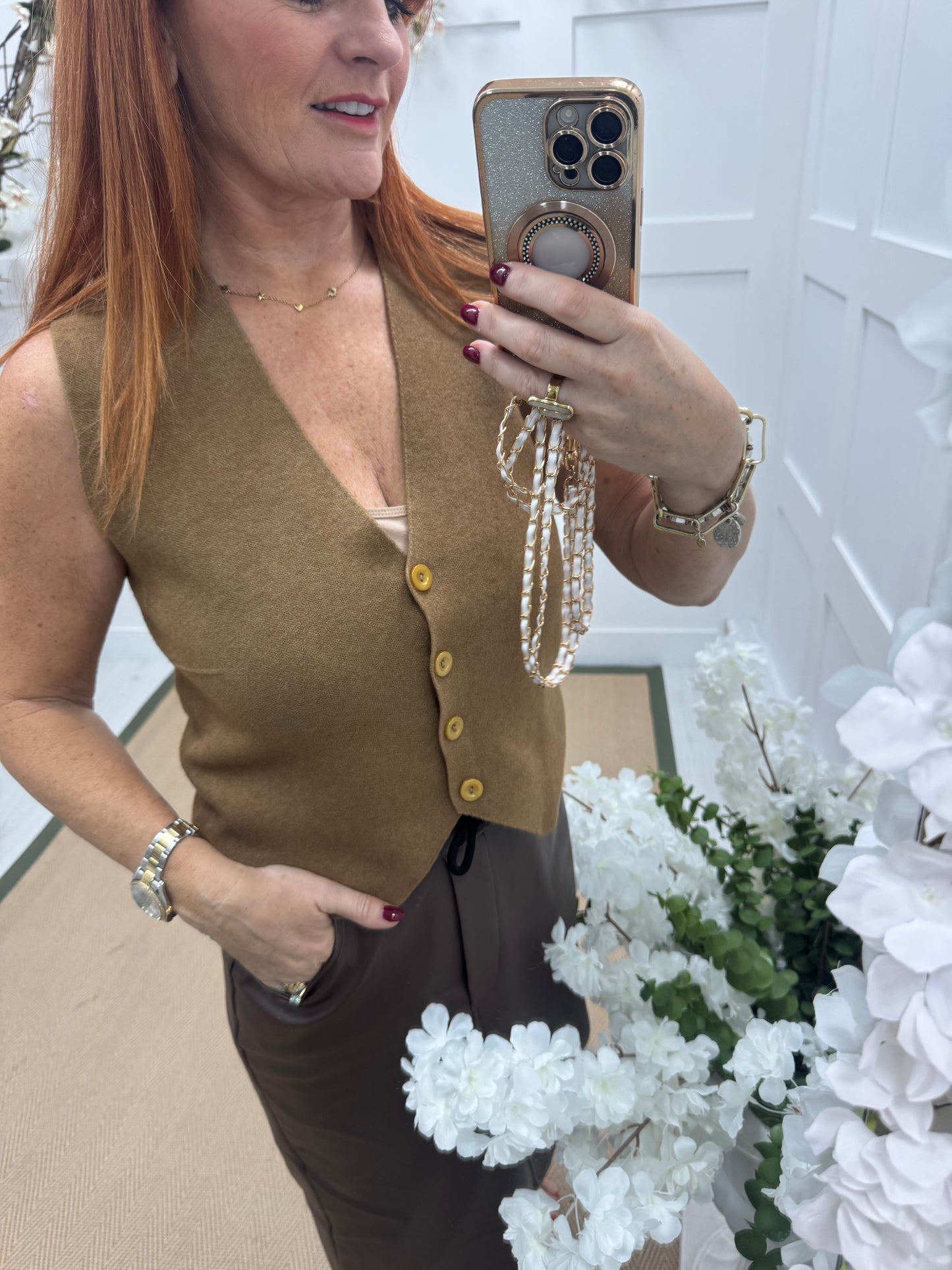 Saffron: Camel fine knit button waistcoat. One size: 10-16