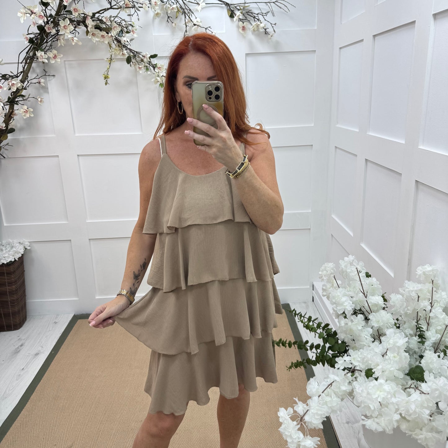 Rachel: Sand short tiered rara dress. One size 8-16