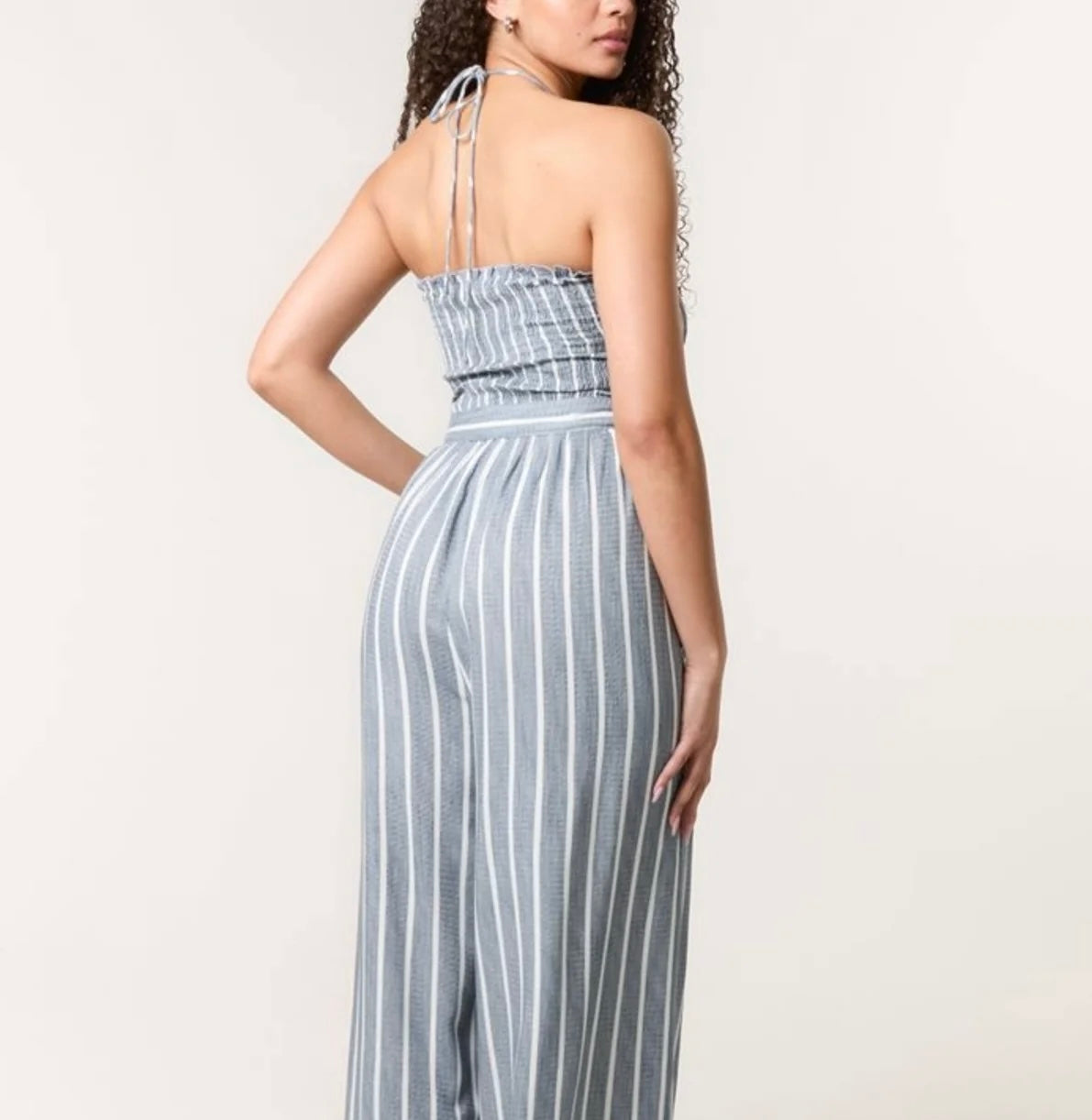 Kendal: Blue pinstripe wide leg jumpsuit. 3 sizes: 10-20