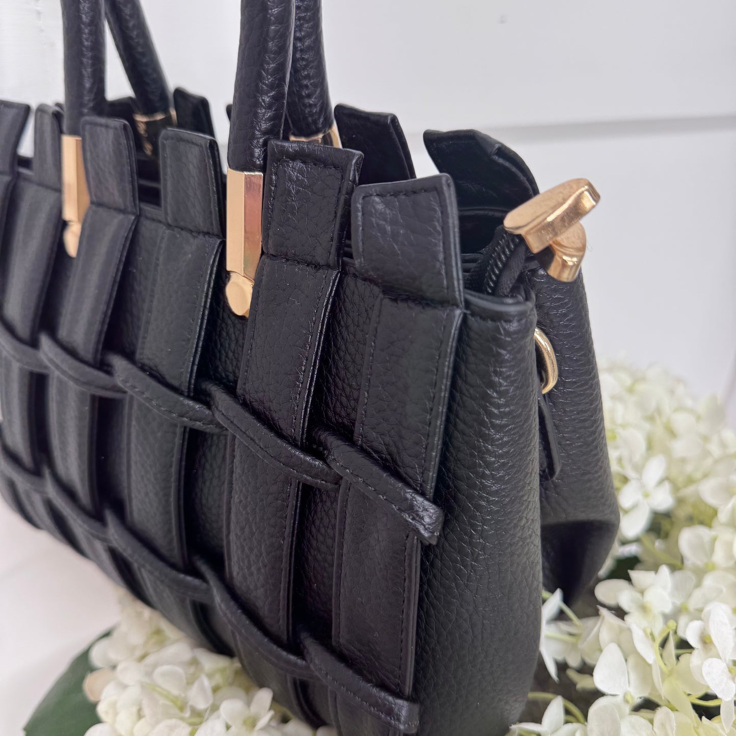 Misha: Small black weave tote bag