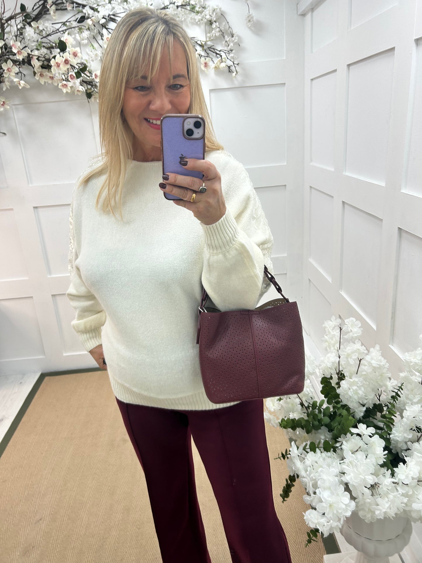 Crystal: White sequin embellished knit top. One size: 14-20