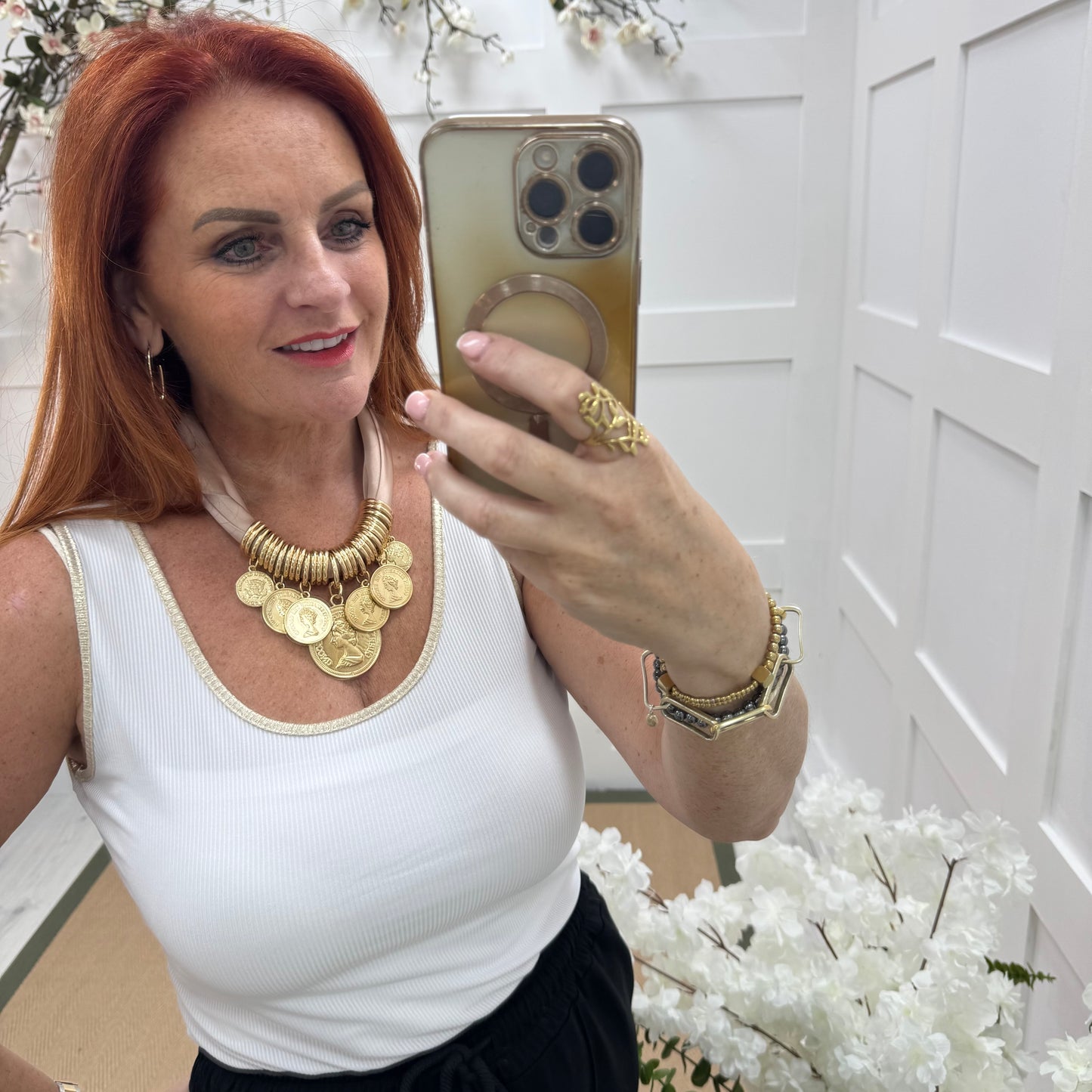 Petra: Blush & gold coin scarf statement necklace