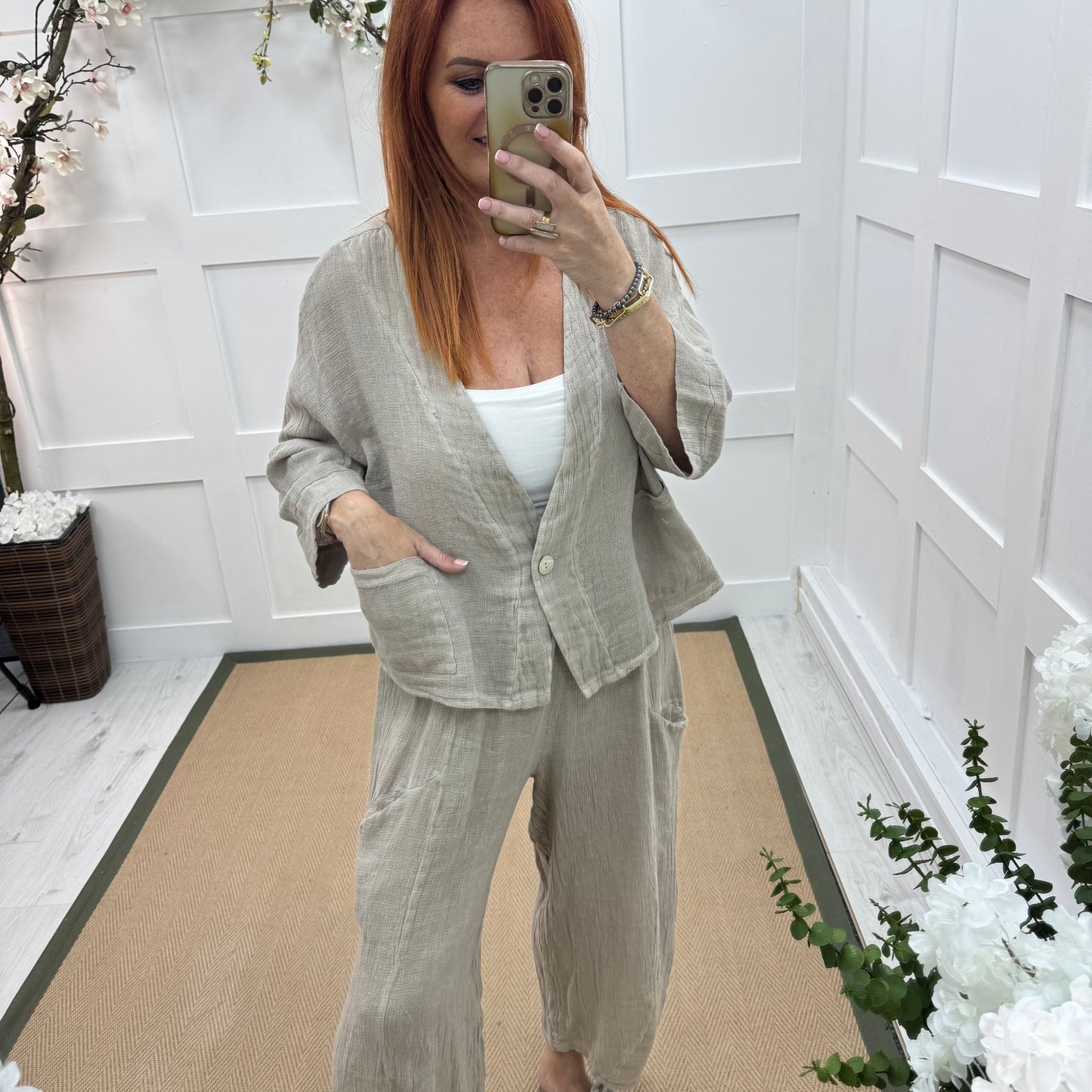 Kelsey: Stone jacket & trouser co-ord set. One size: 14-20/22