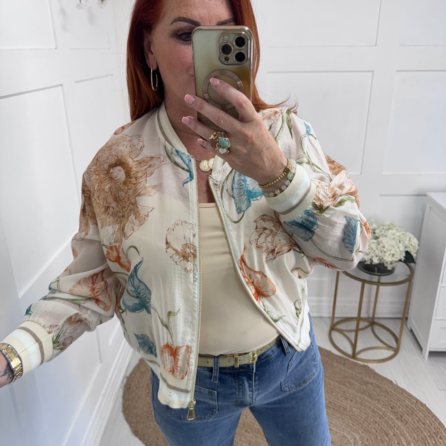 Everly: Silky beige floral bomber jacket. One size: 8-16
