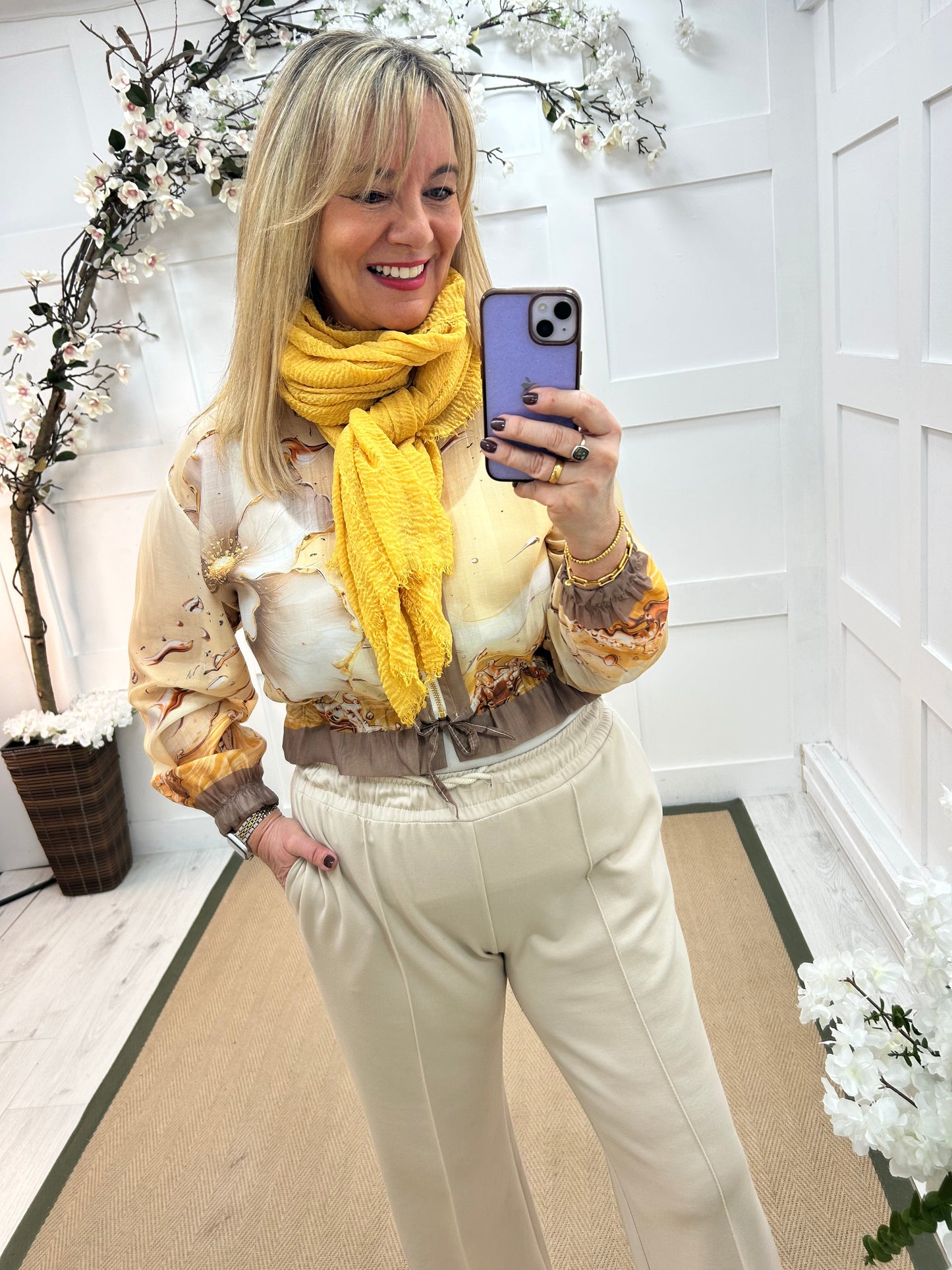 Steph: Gold pink floral printed bomber jacket. One size: 10-16