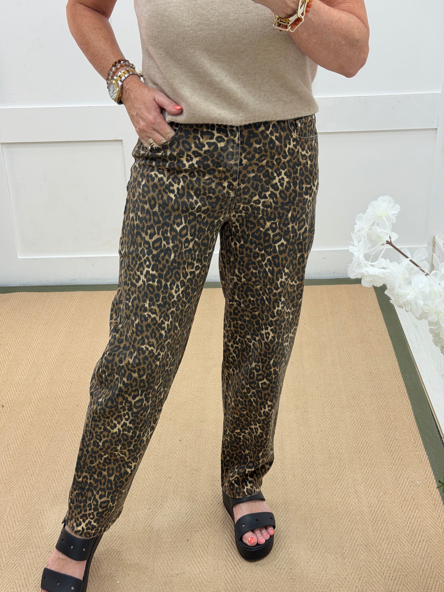 Mara : Leopard print barrel leg jeans. Sizes: 8-18