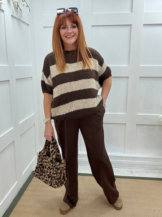 Mabel: Brown & cream slouchy jumper. One size 12-18/20