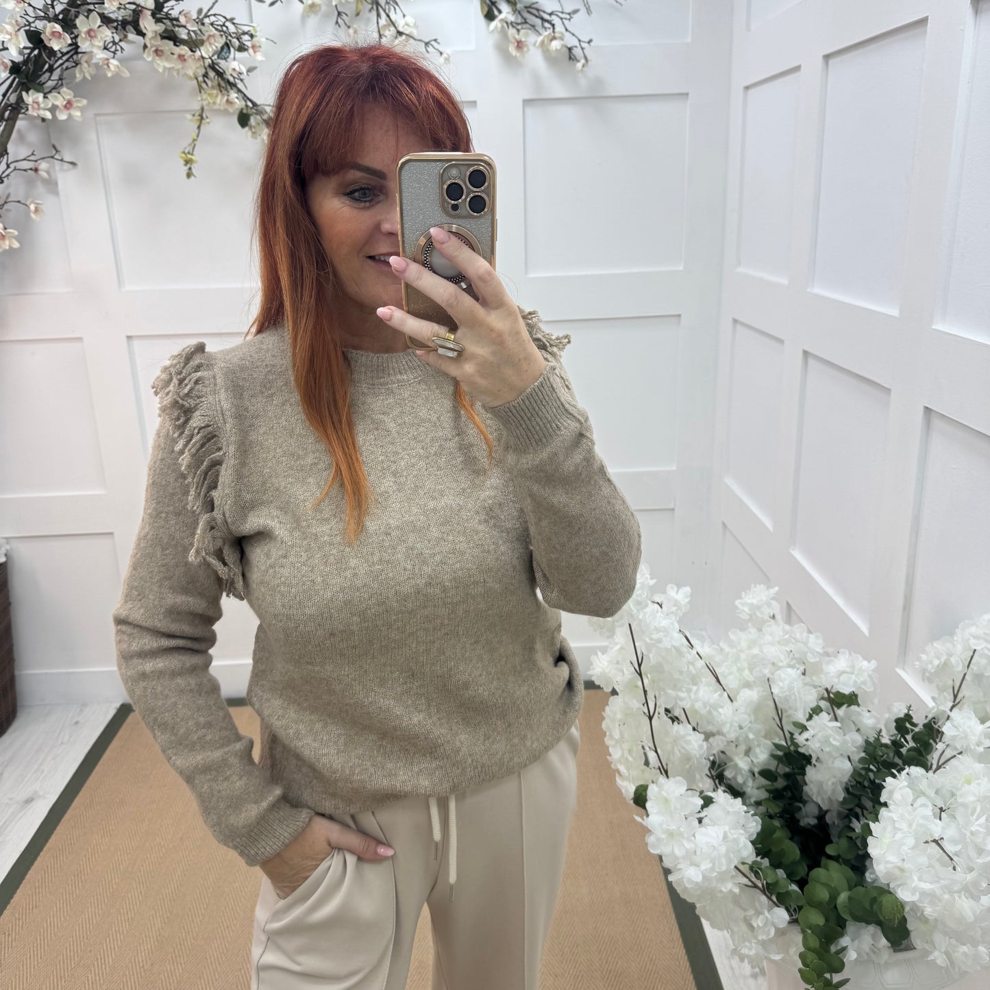 Carmel: Beige fringe knitted top. One size: 10-16