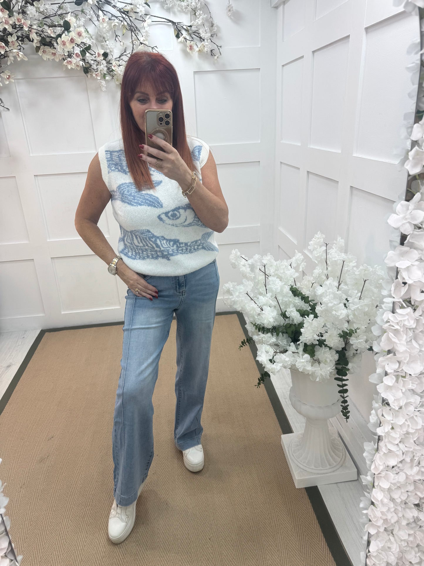 Nancy: Washed denim high waist wide leg jeans. Sizes: 8-18