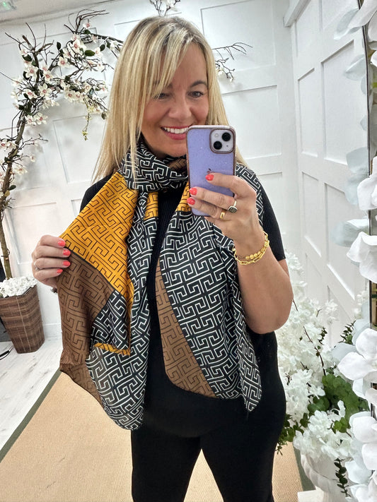 Storm: Black & mustard designer inspired silk scarf