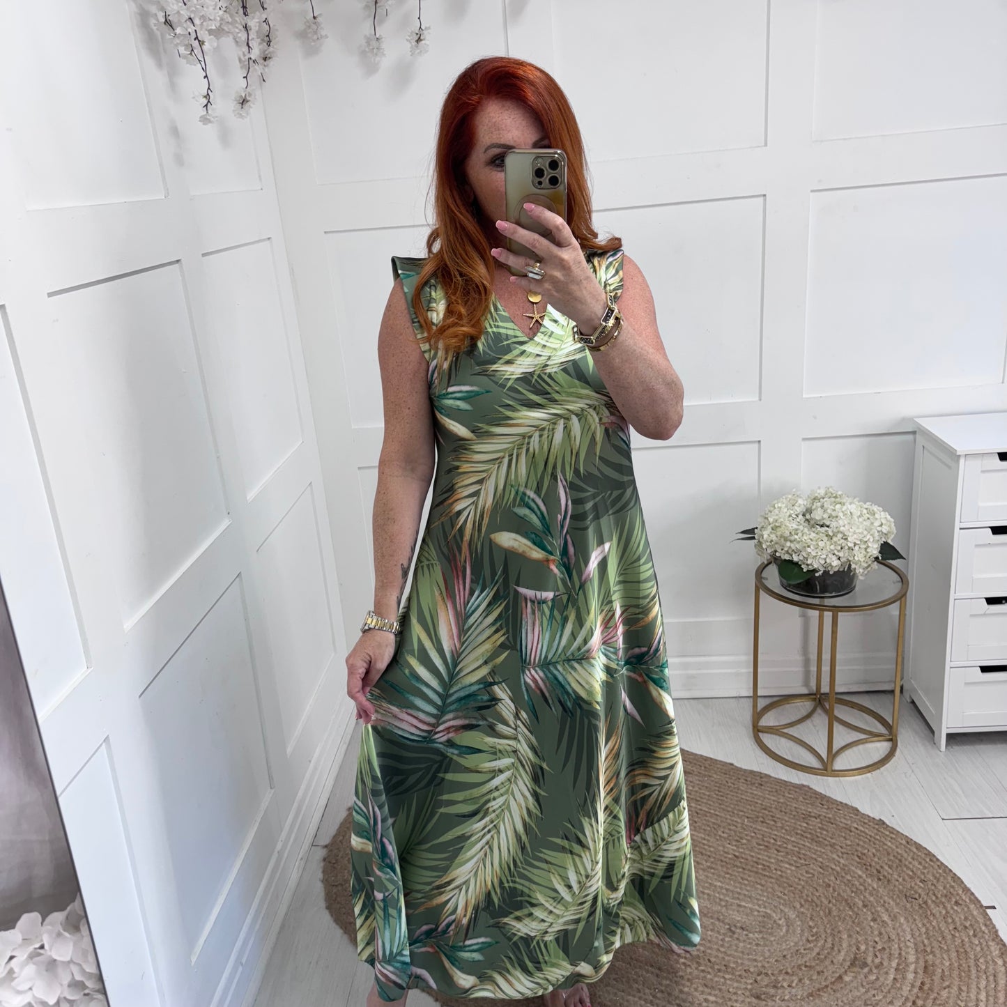 Emerson: Khaki palm leaf print maxi dress. One size 8-14