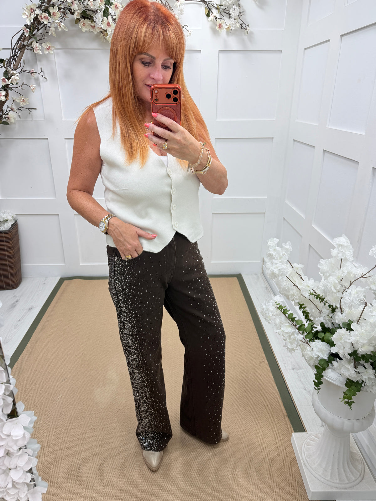 Jewel: Brown diamanté wide leg jeans. Sizes: 6-14