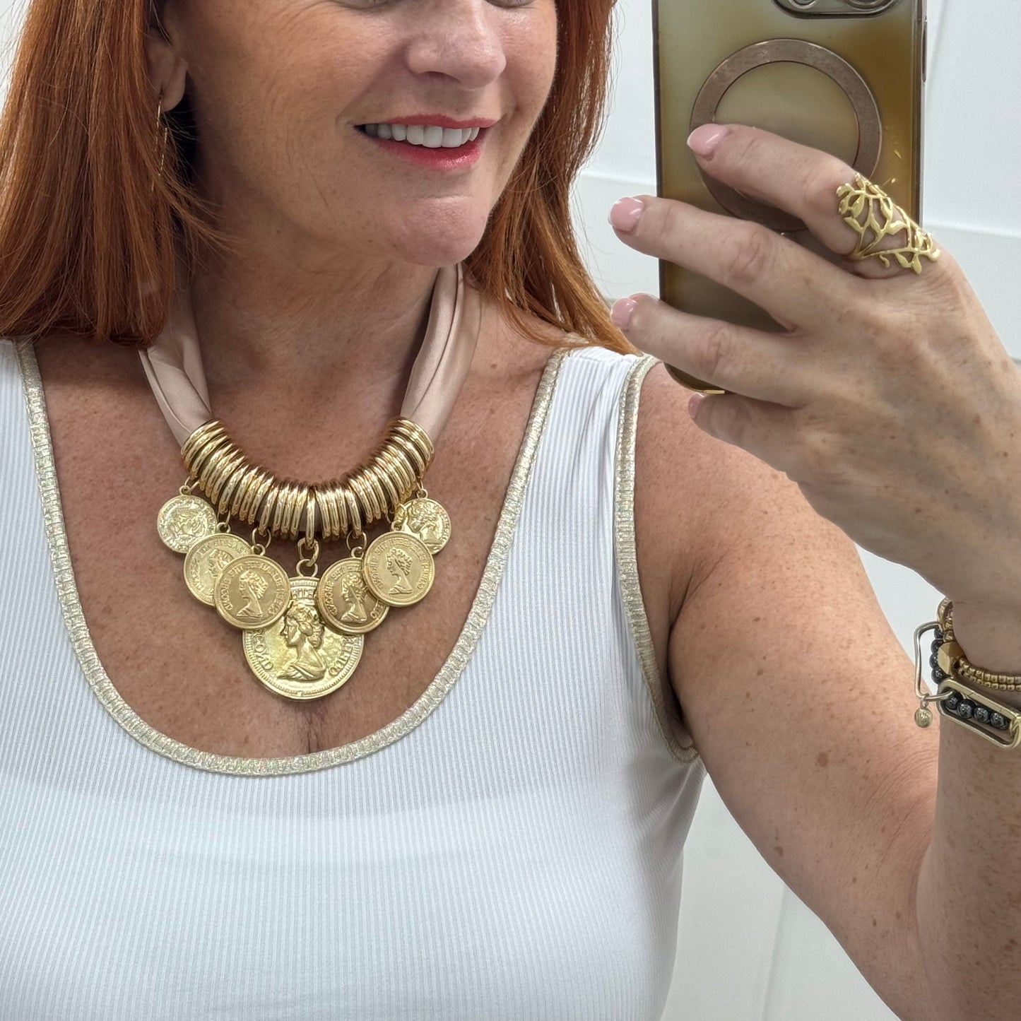 Petra: Blush & gold coin scarf statement necklace