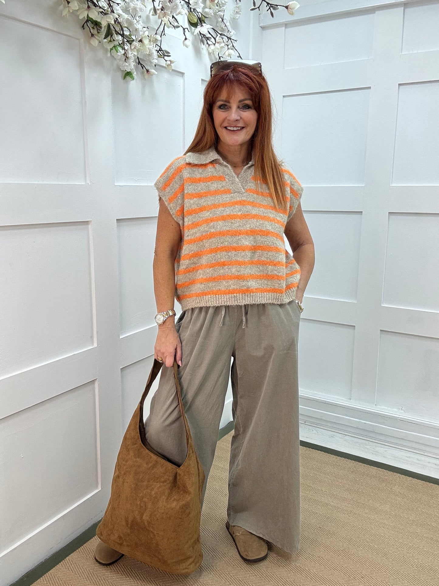 Talisa: Orange & beige stripe sleeveless top. One size 12-18