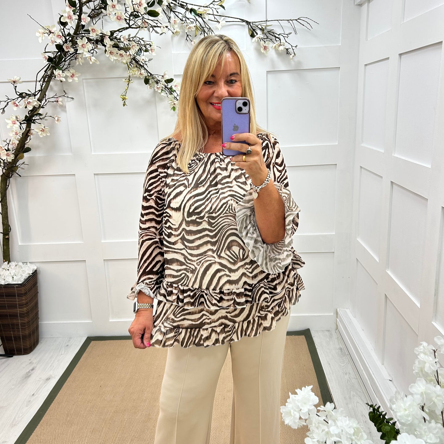 Foxy: Brown zebra double frill chiffon top. One size: 10-20
