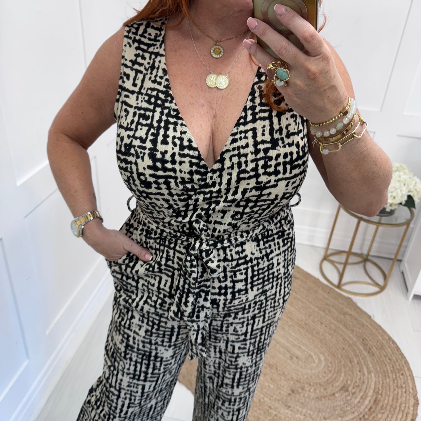 Nina: Black & cream wide leg jumpsuit. 3 sizes