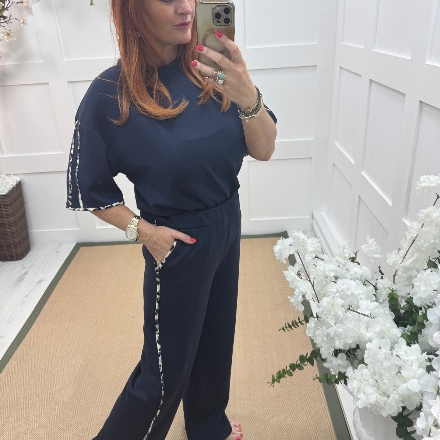Malka: Navy leopard print stripe loungewear set. One size: 12-18