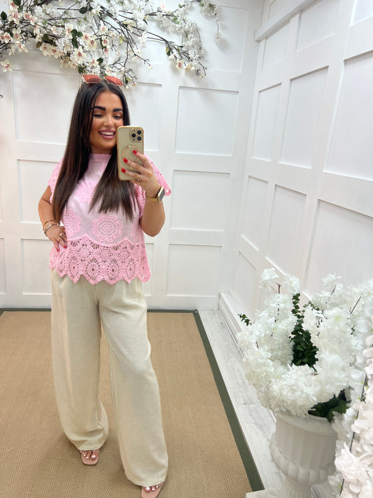 Lula: Pink embroidered short sleeve top. One size: 10-14