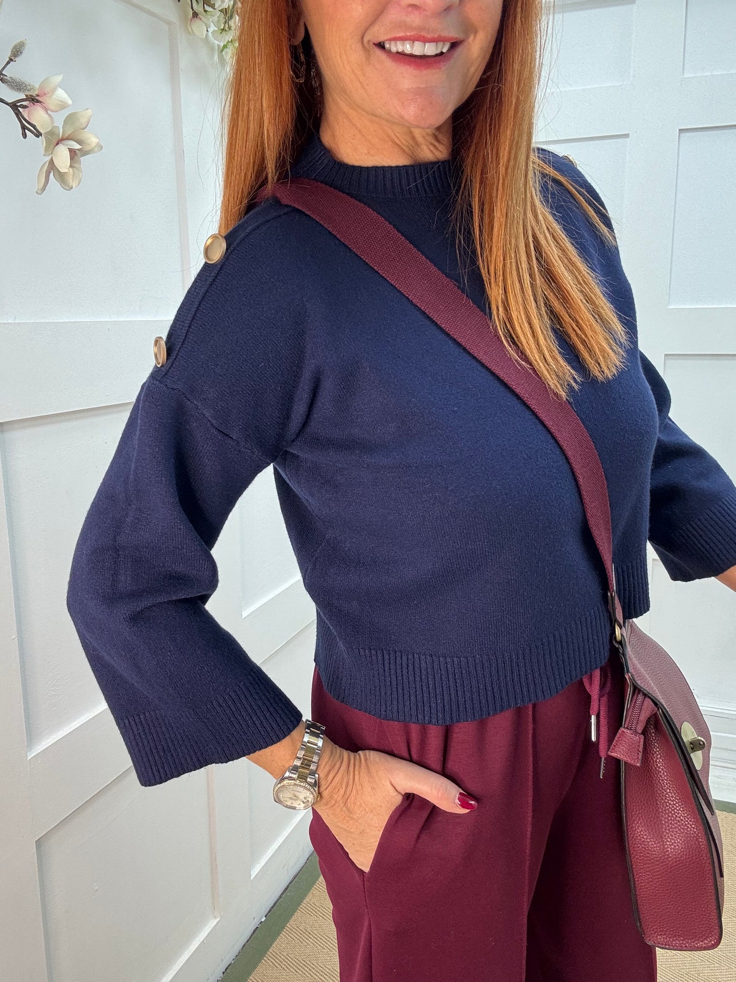 Lorna: Navy gold button knitted top. One Sz: 10-16