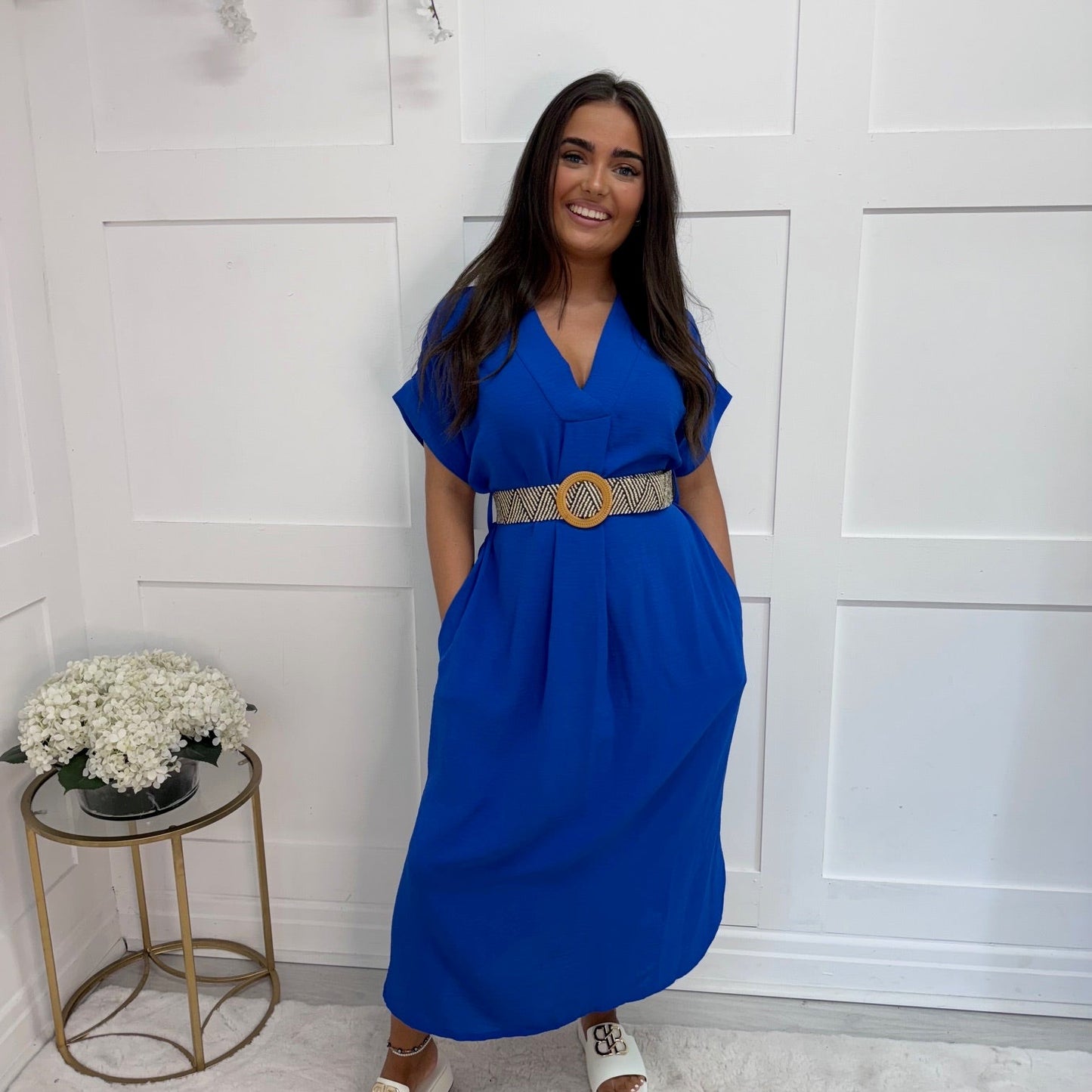 Azora: Cobalt blue V neck belted midi dress. One size 10-18