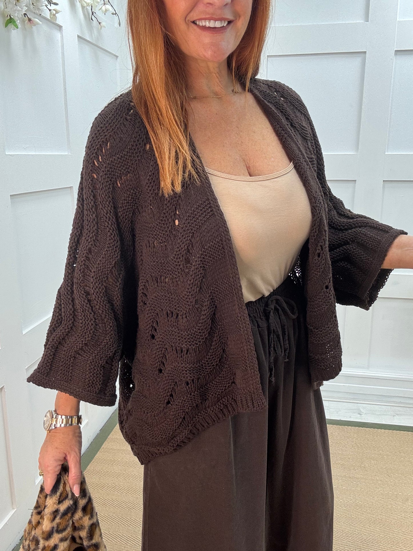 Vicky: Brown knitted batwing cardigan. One size: 10-20