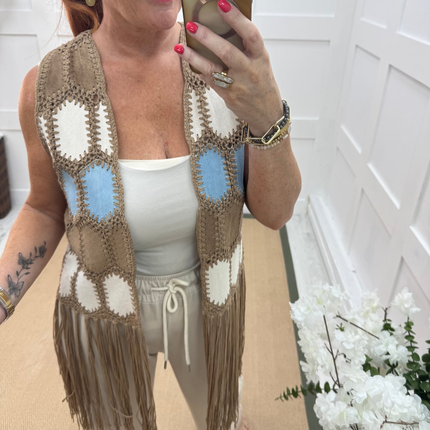 Gigi: Taupe suedette & tassel waistcoat. One size: 8-14