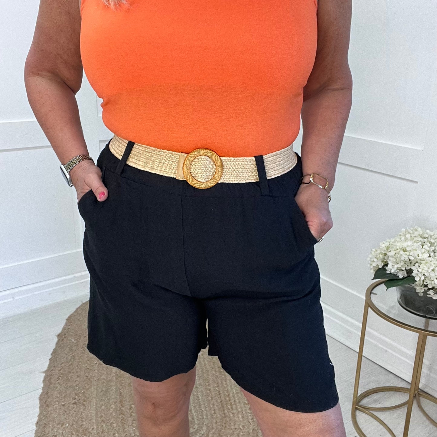 Cally: Black belted wide leg shorts. One Size 10-16