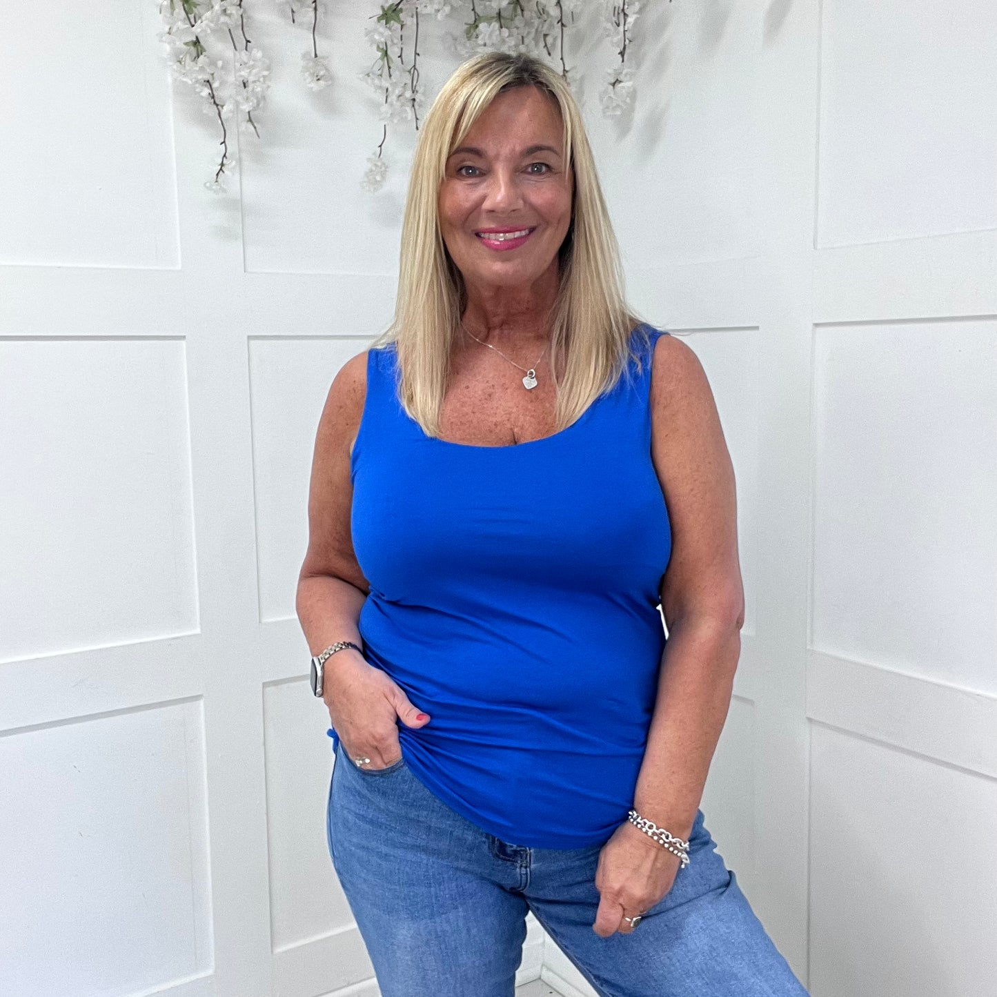 Abigail: Stretchy royal blue basic vest top. 2 sizes
