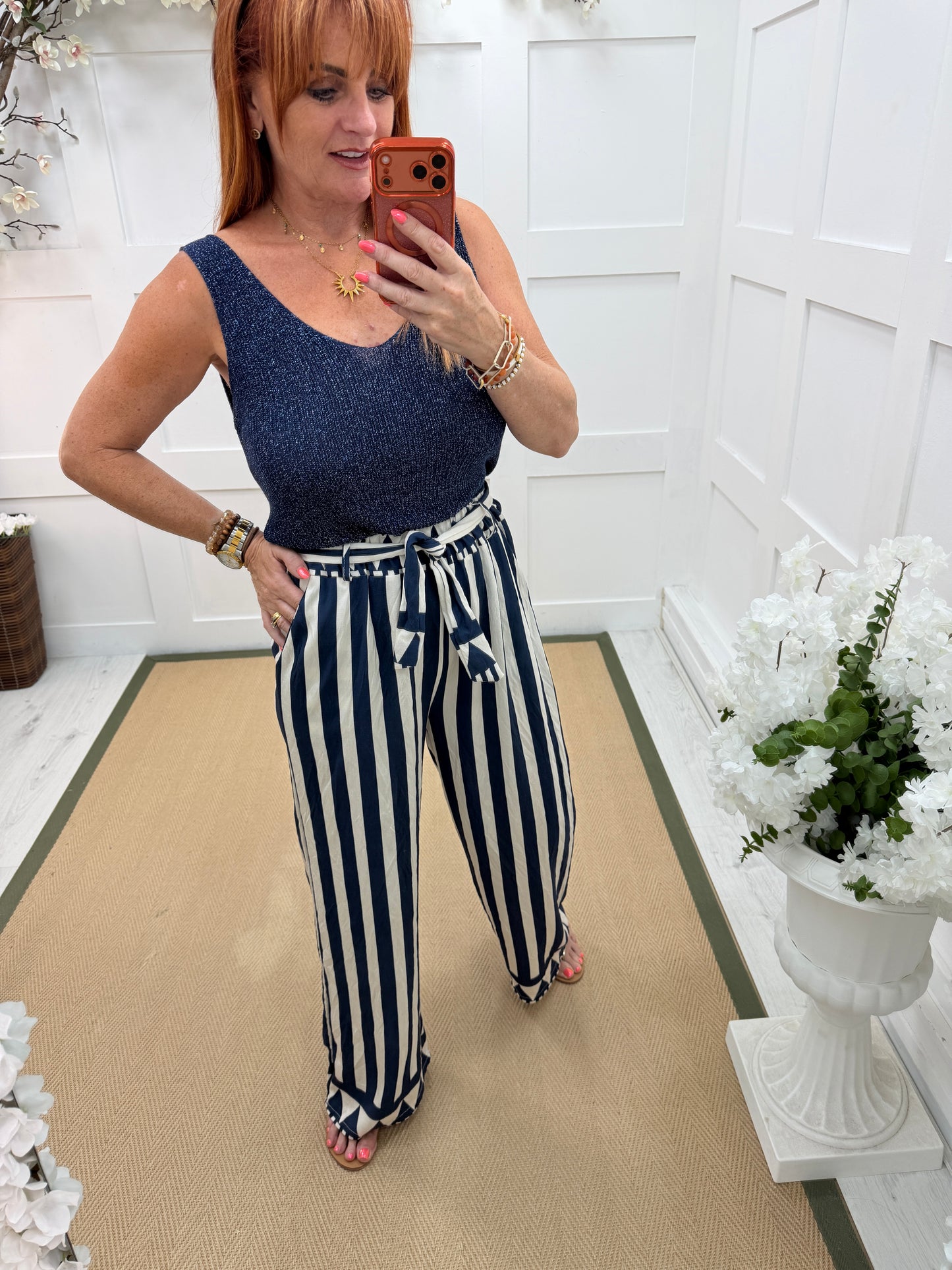 Aven: Navy stripe wide leg trousers. One size: 10-16