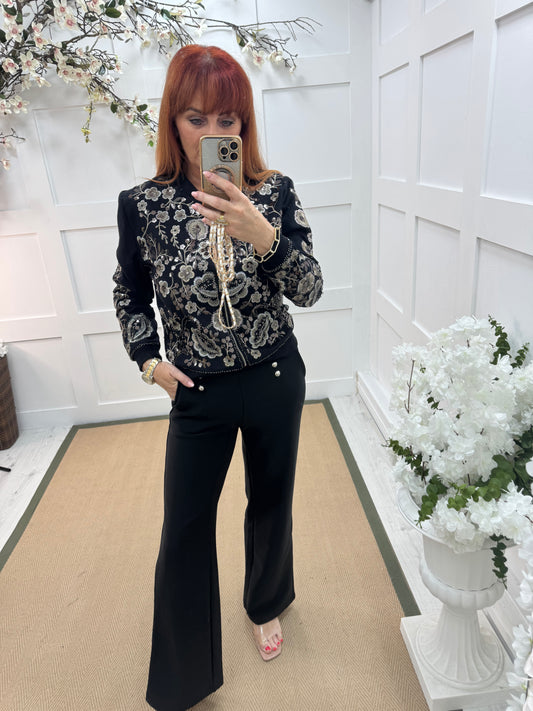 Shelby: Black & gold sequin floral bomber jacket. 3 sizes
