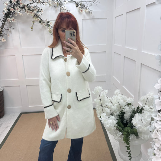 Ivy: White gold button long coatigan. One size 10-16