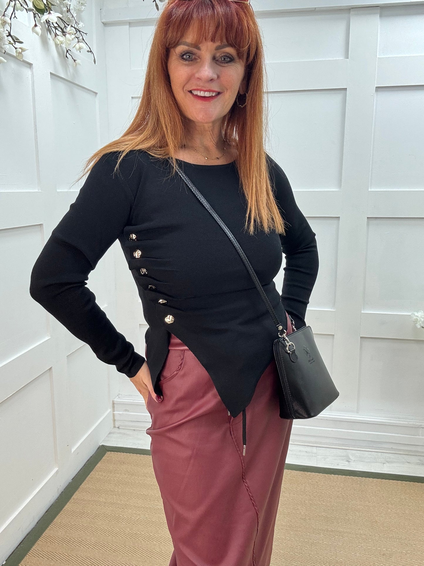 Audra: Black ruched gold button top. 2 sizes