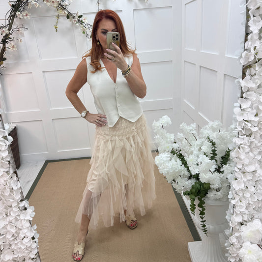 Saffron: Cream fine knit button waistcoat. One size: 10-16