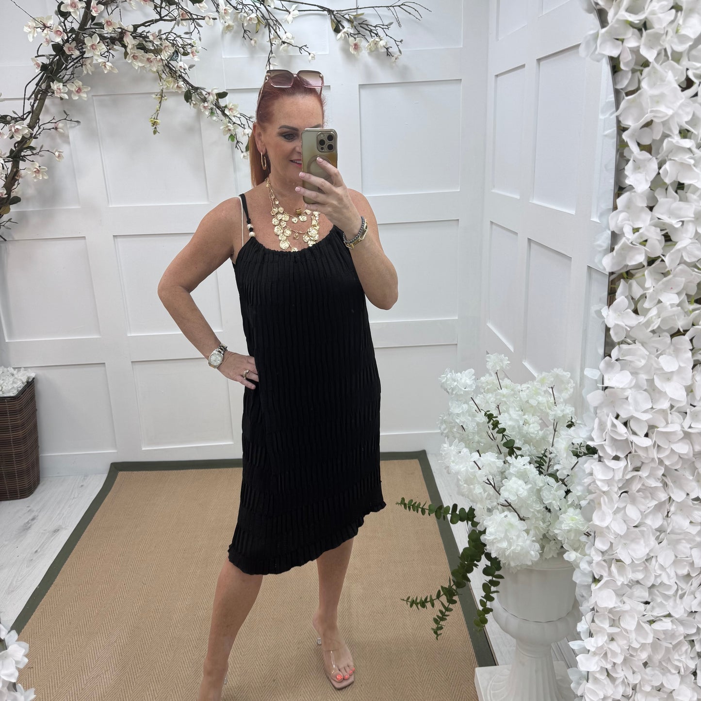 Thea: Black waffle beaded strappy dress. One size 14-20
