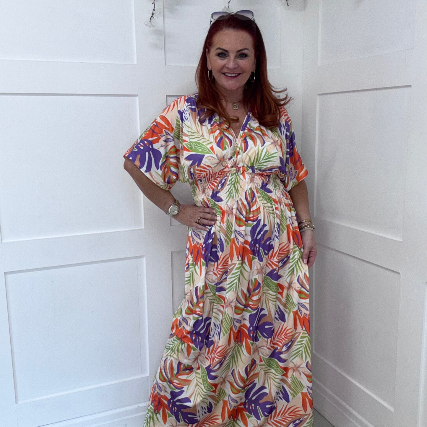 Eva: Stretchy orange & purple leaf maxi dress. One size 12-24